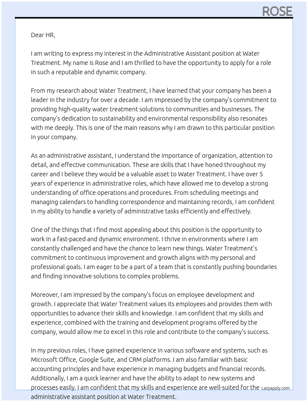 Administrative assistant At water treatment Cover Letter