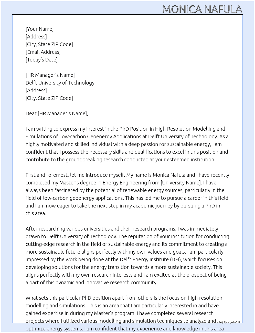 PhD Position High-Resolution Modelling and Simulations of Low-carbon Geoenergy Applications At Delft University of Technology Cover Letter