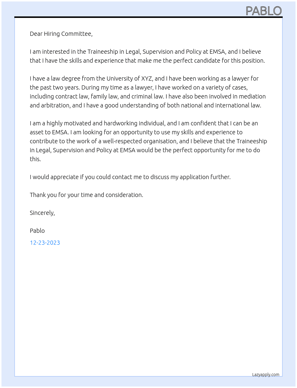  Traineeship in Legal, Supervision and Policy At EMSA Cover Letter