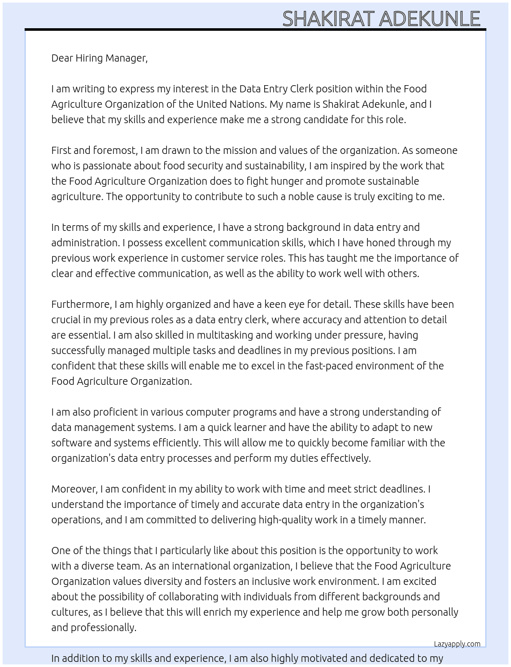 Data entry clerk At Food Agriculture organization of the united Nations Cover Letter