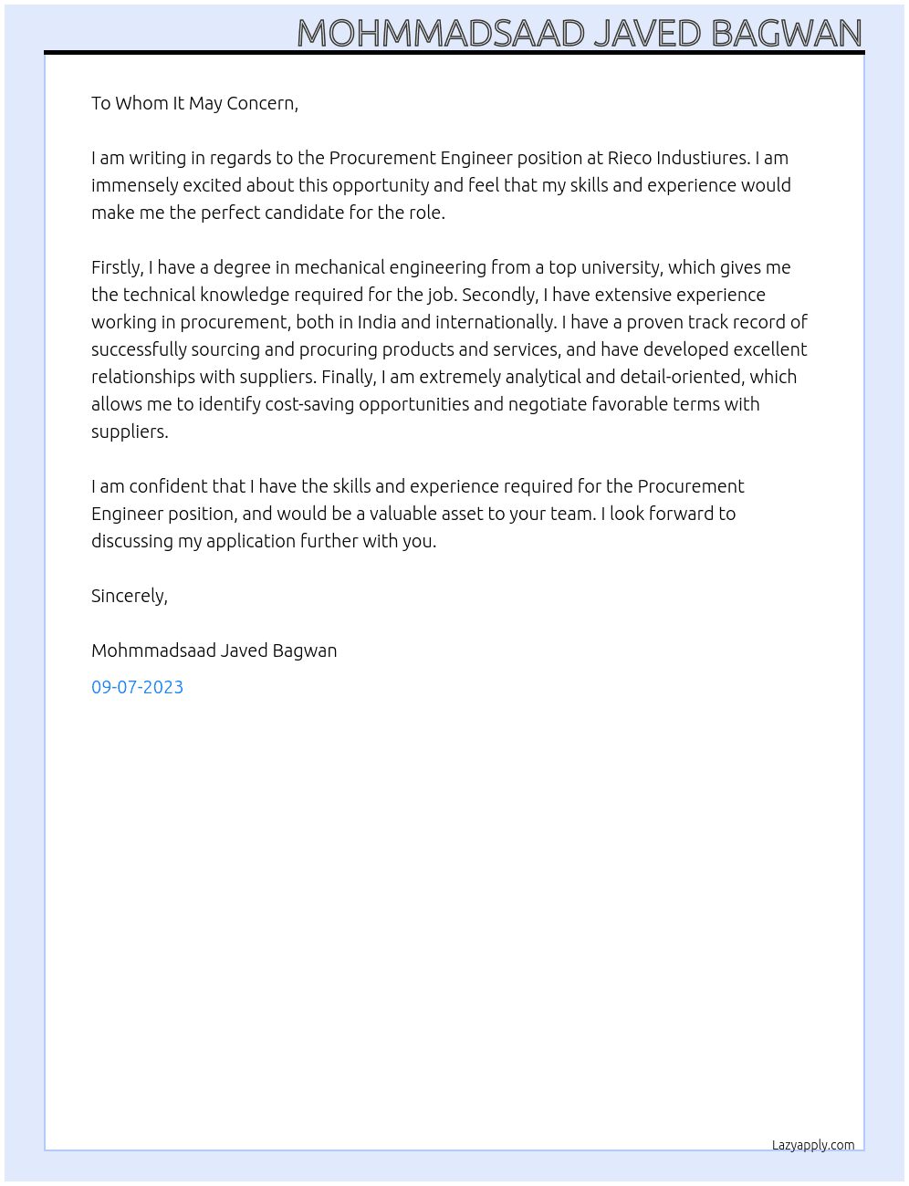 Procurement Engineer At Rieco Industiures  Cover Letter
