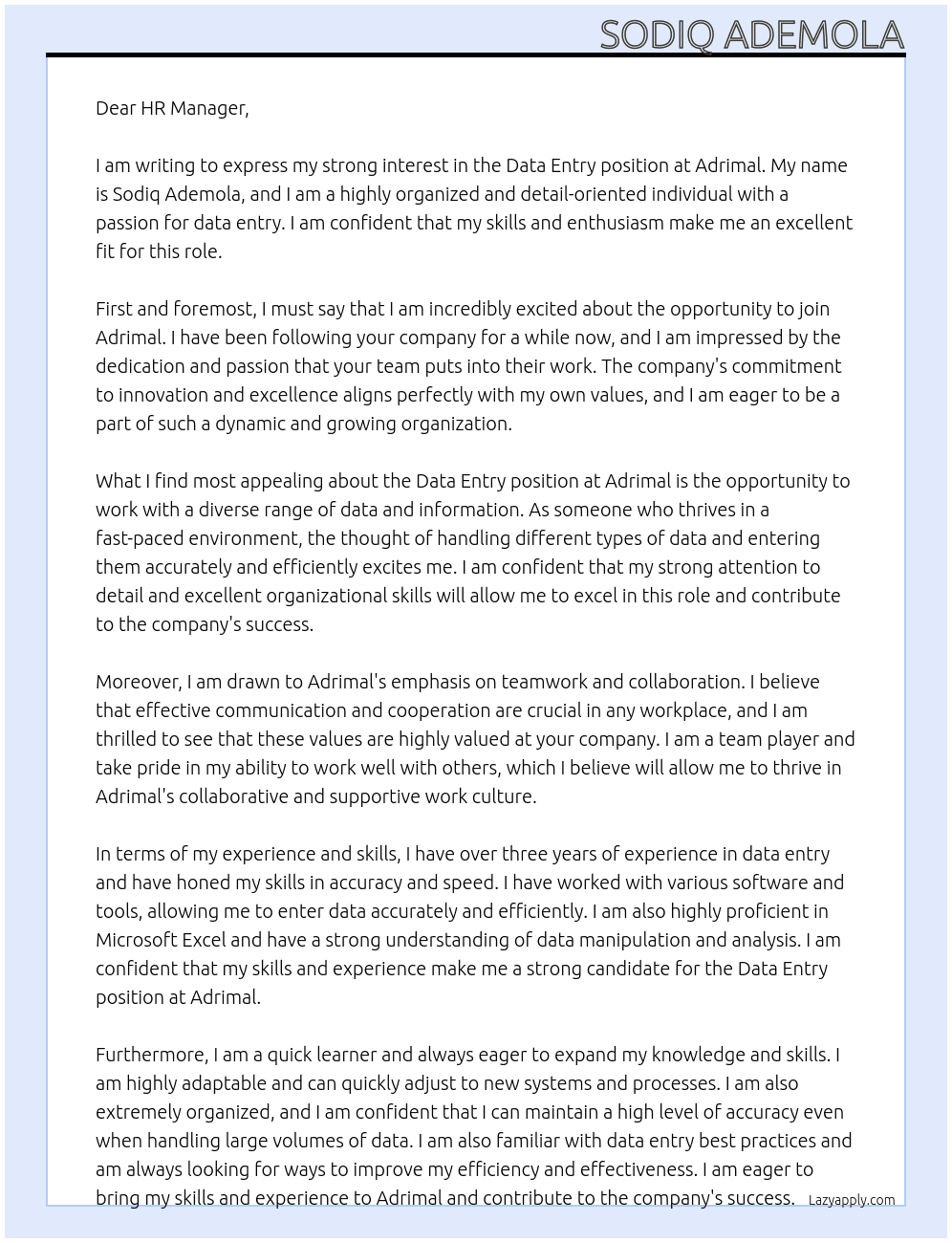 data entry At adrimal Cover Letter