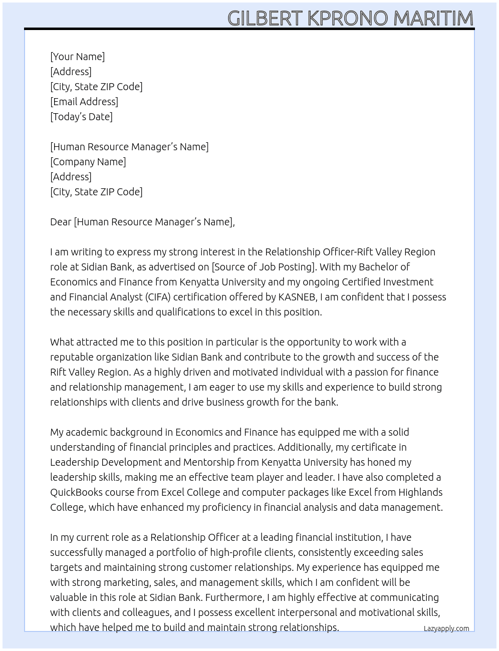 Relationship offer,Rift valley region At Sidian Bank Cover Letter