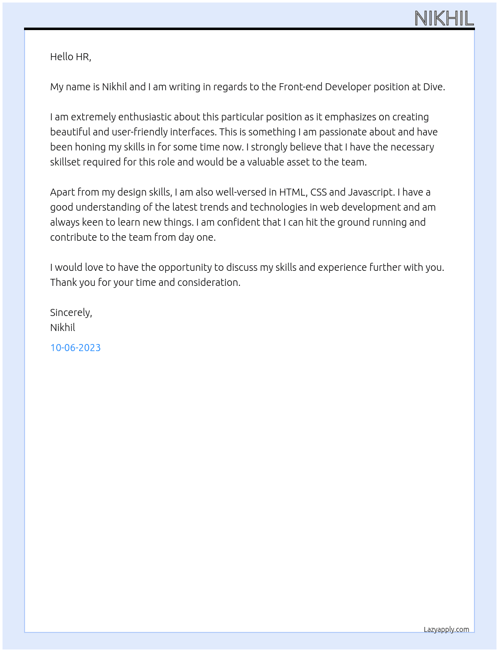 Front-end Developer At Dive Cover Letter