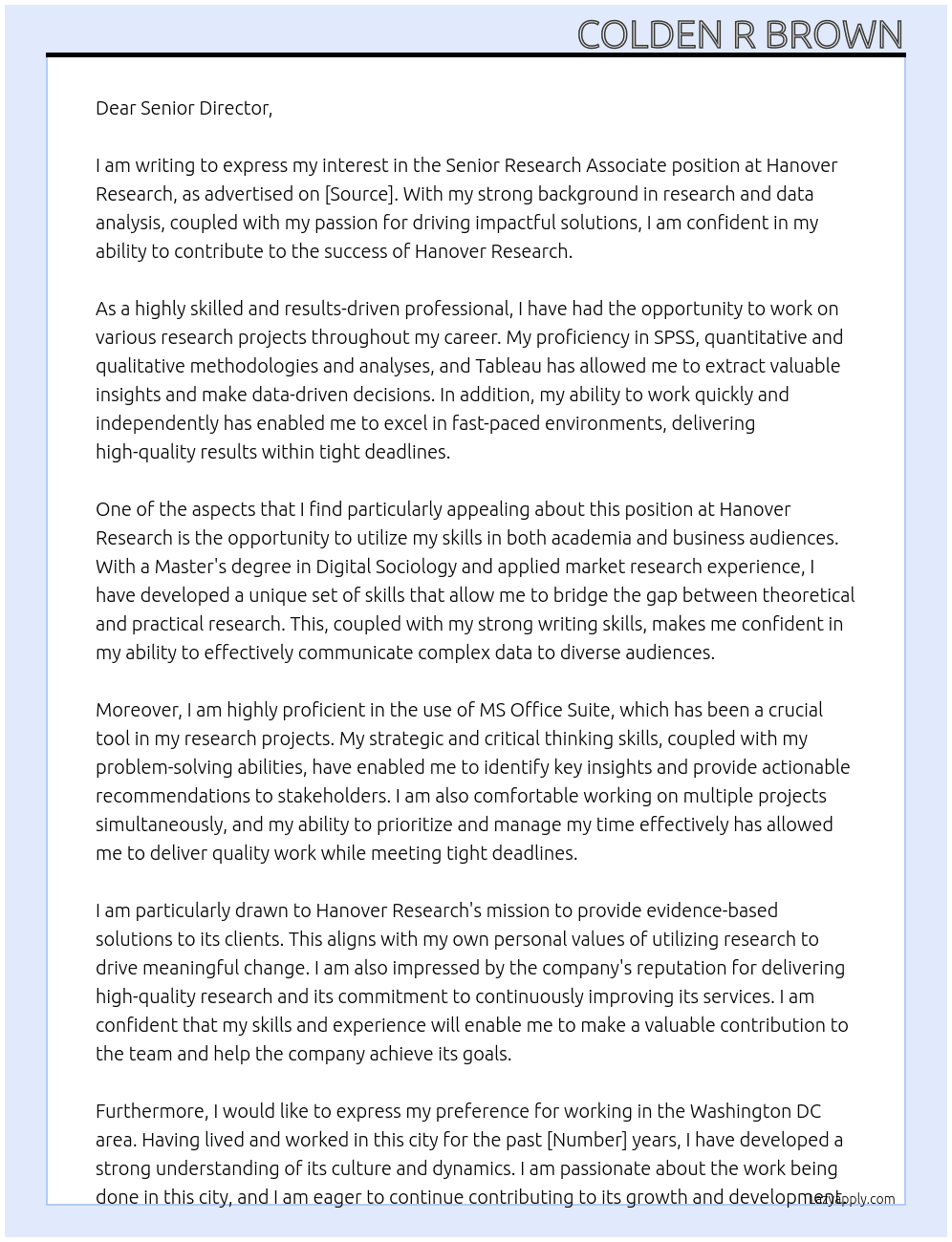 Senior Research Associate At Hanover Reserch Cover Letter