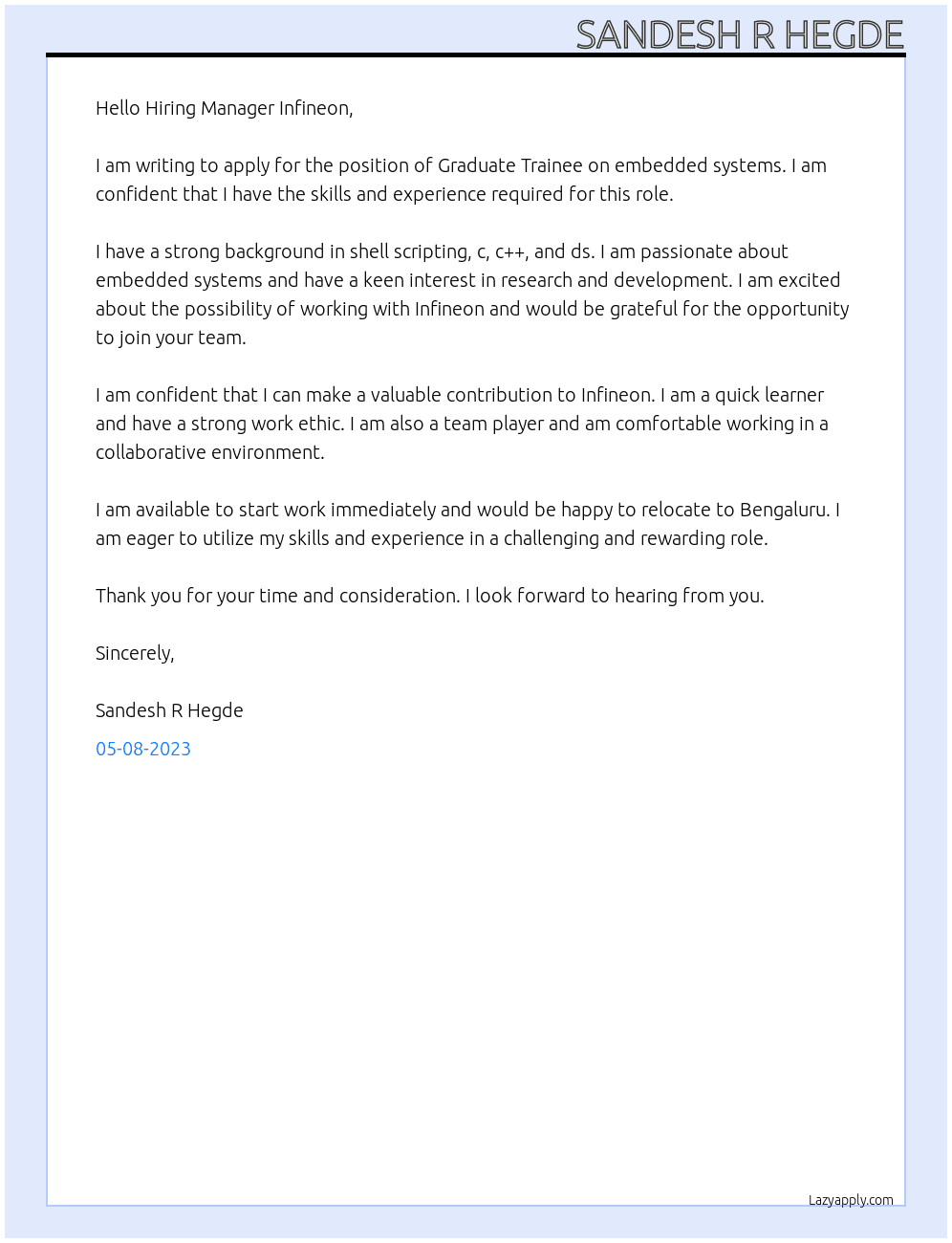  Graduate Trainee on embedded systems At Infineon Cover Letter