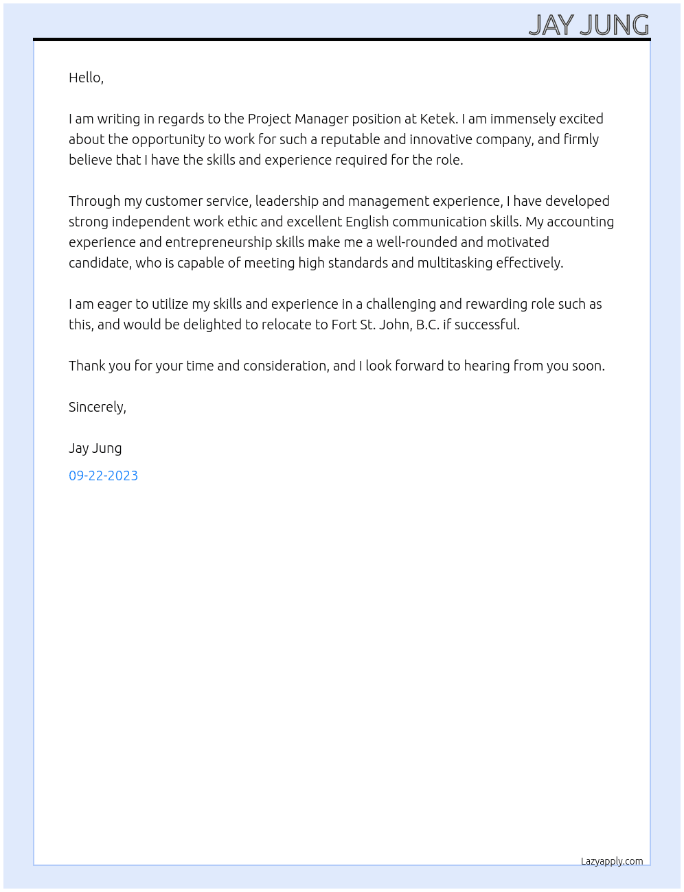 Project manager At Ketek Cover Letter
