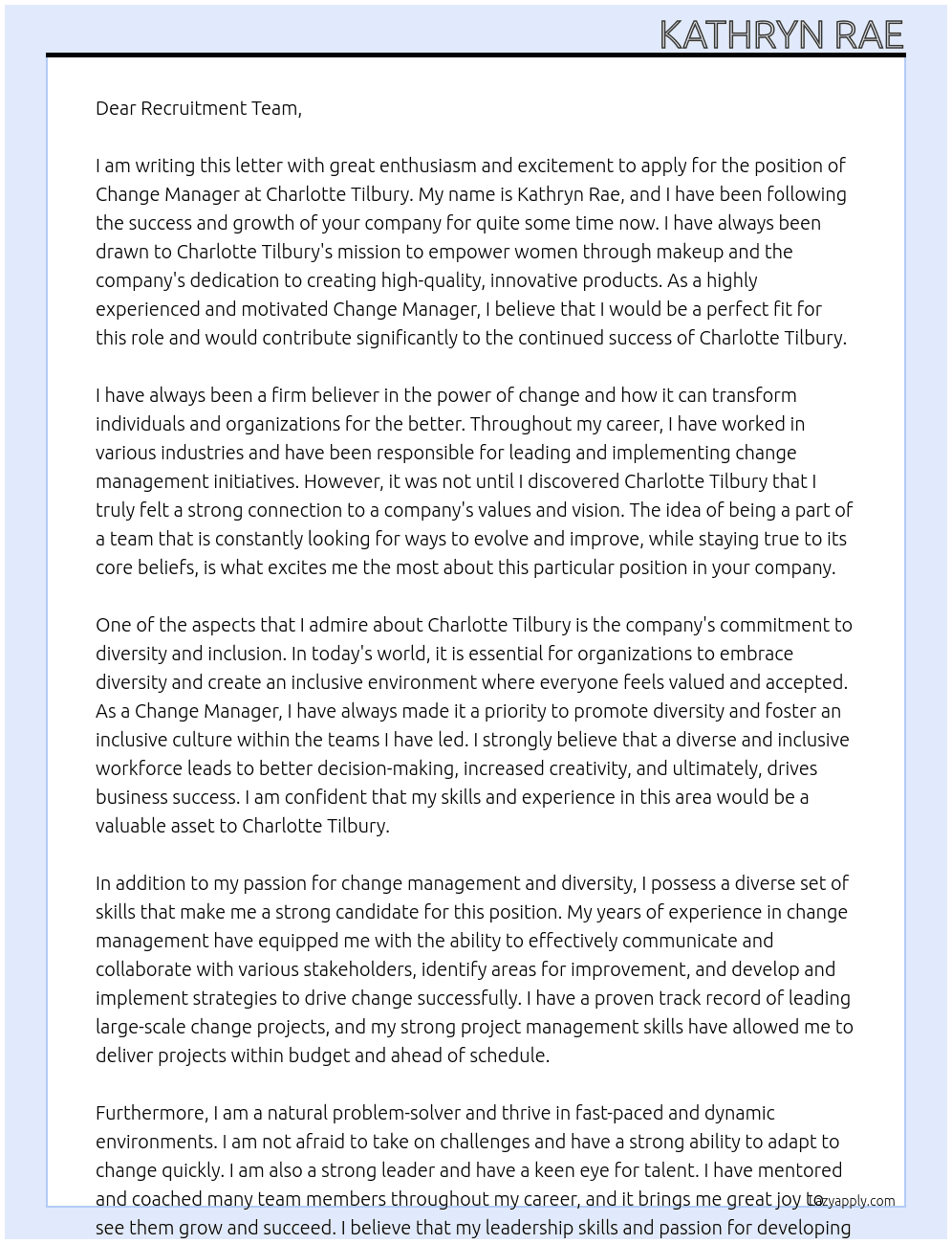 Change Manager At Charlotte Tilbury Cover Letter