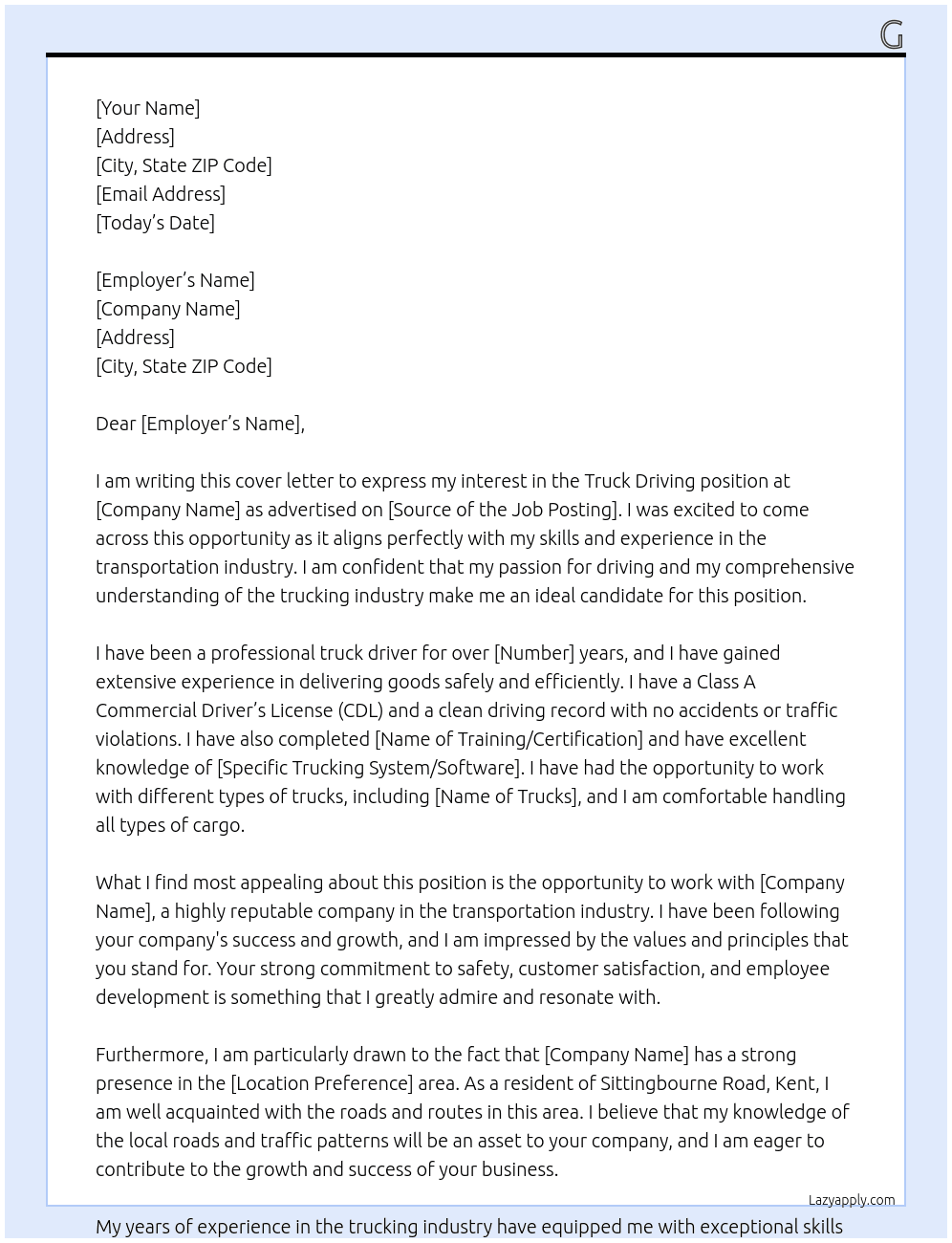 truck driving At j Cover Letter