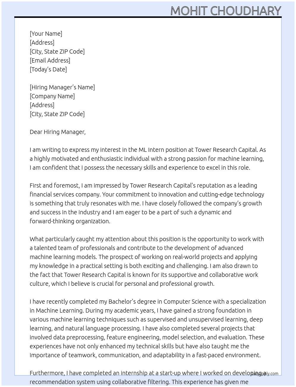 ML Inern At Tower Research Capital Cover Letter
