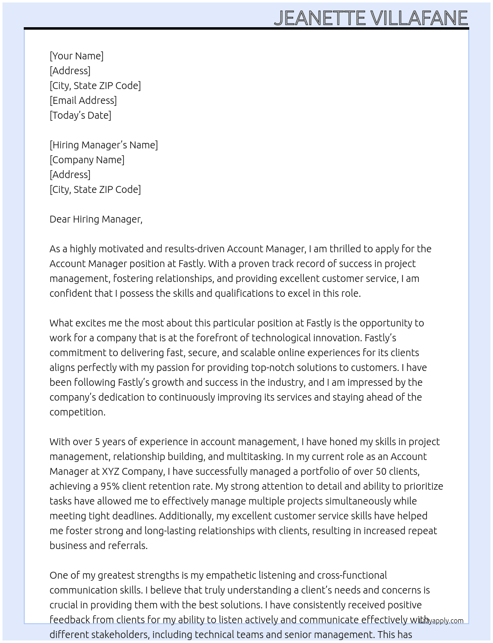 Account Manager  At Fastly Cover Letter