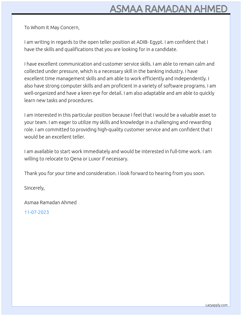 Teller  At ADIB- Egypt  Cover Letter