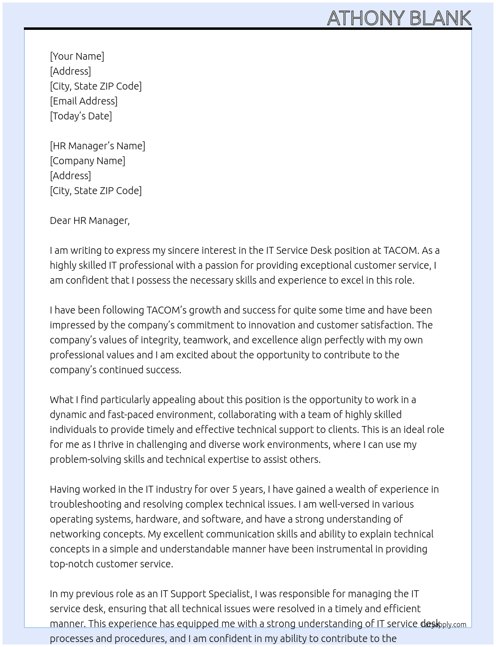 IT Service Desk At TACOM Cover Letter