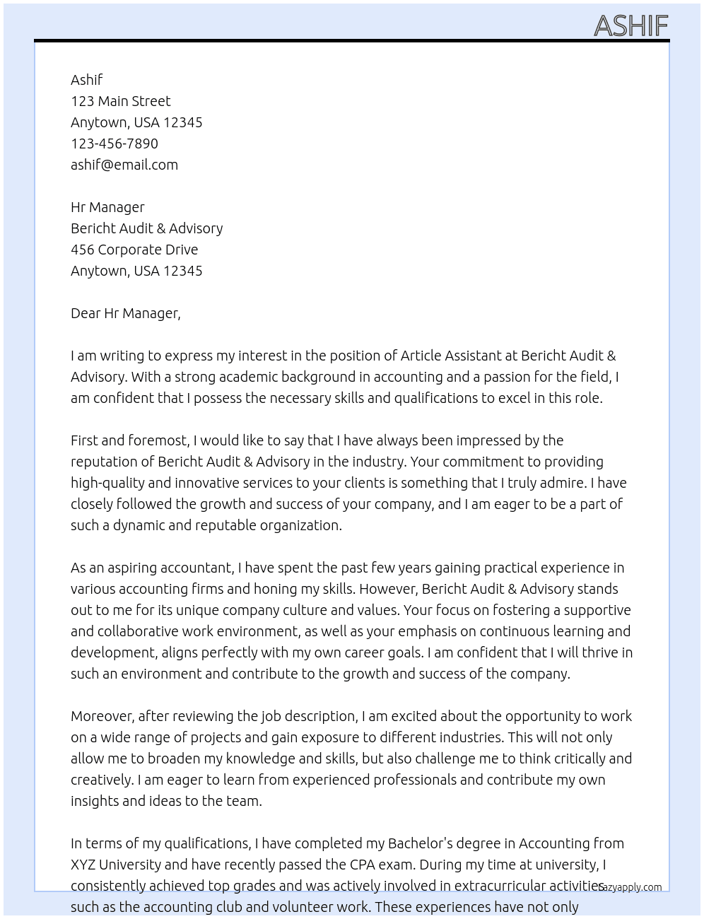 Article Assistant At Bericht Audit & Advisory Cover Letter