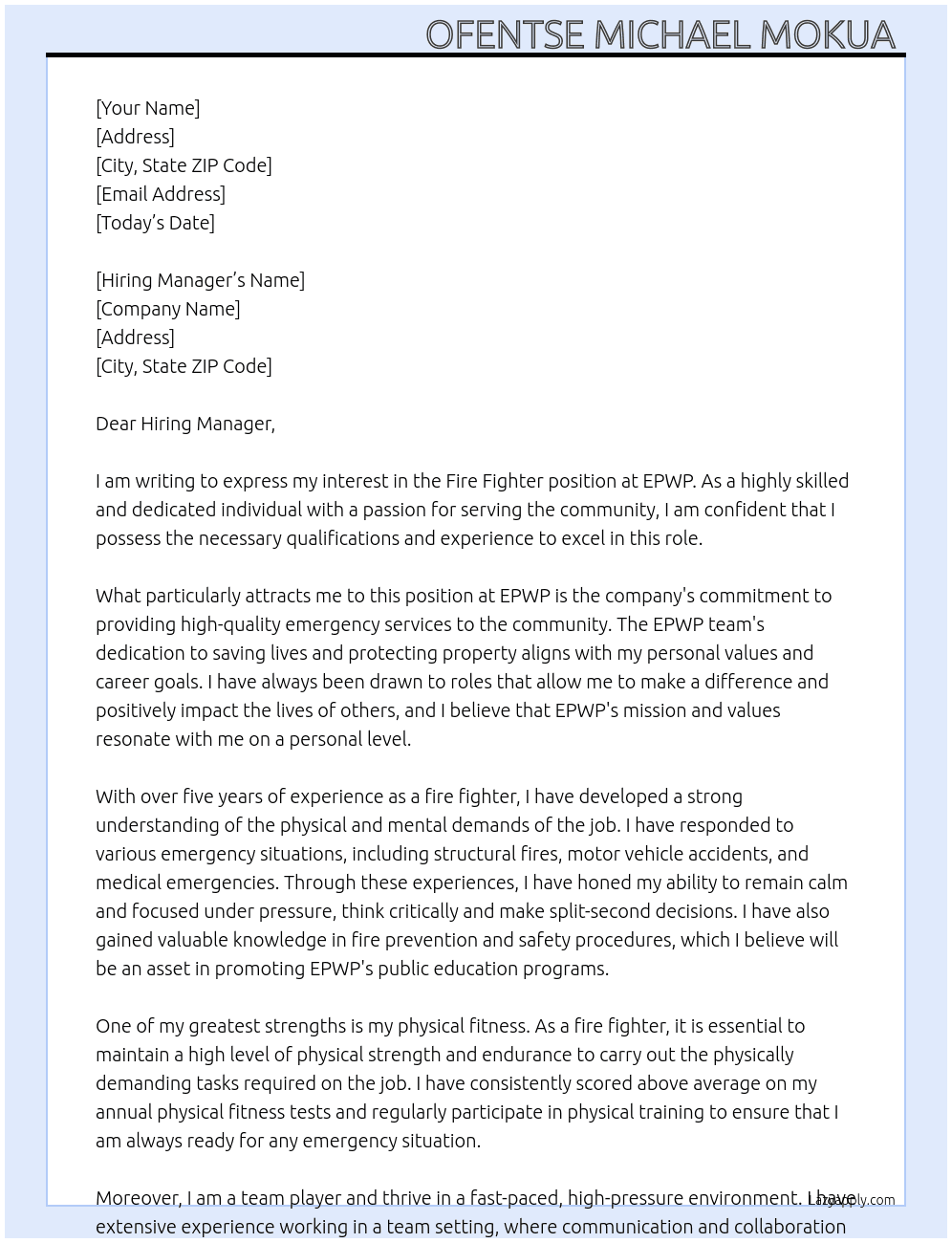 Fire fighter At EPWP Cover Letter