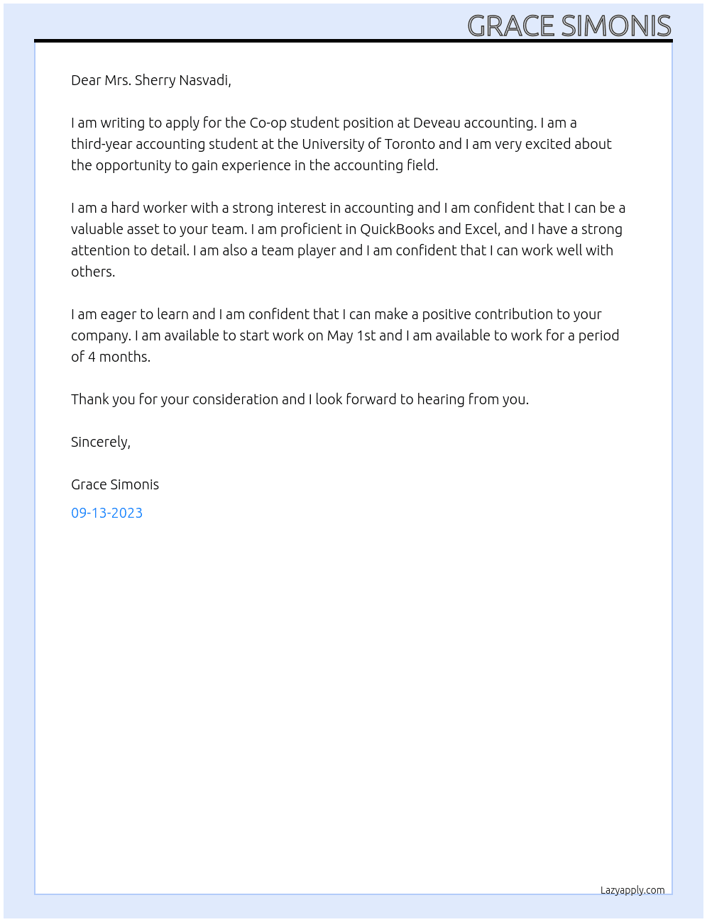 Co-op student At Deveau accounting Cover Letter