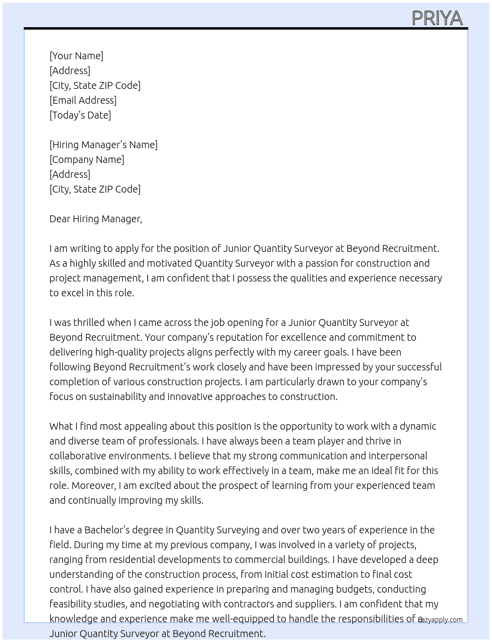 Junior Quantity Surveyor At Beyond Recuritment Cover Letter