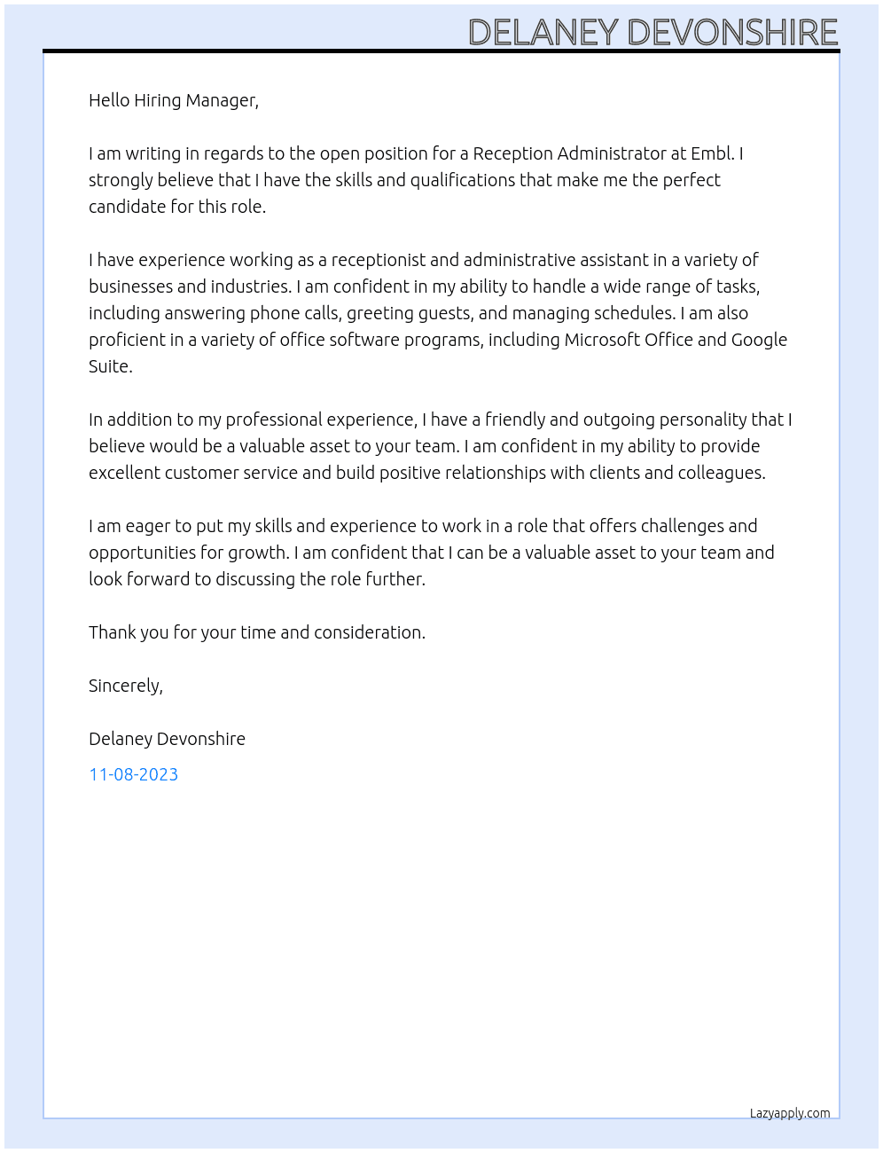 Reception administrator  At Embl Cover Letter