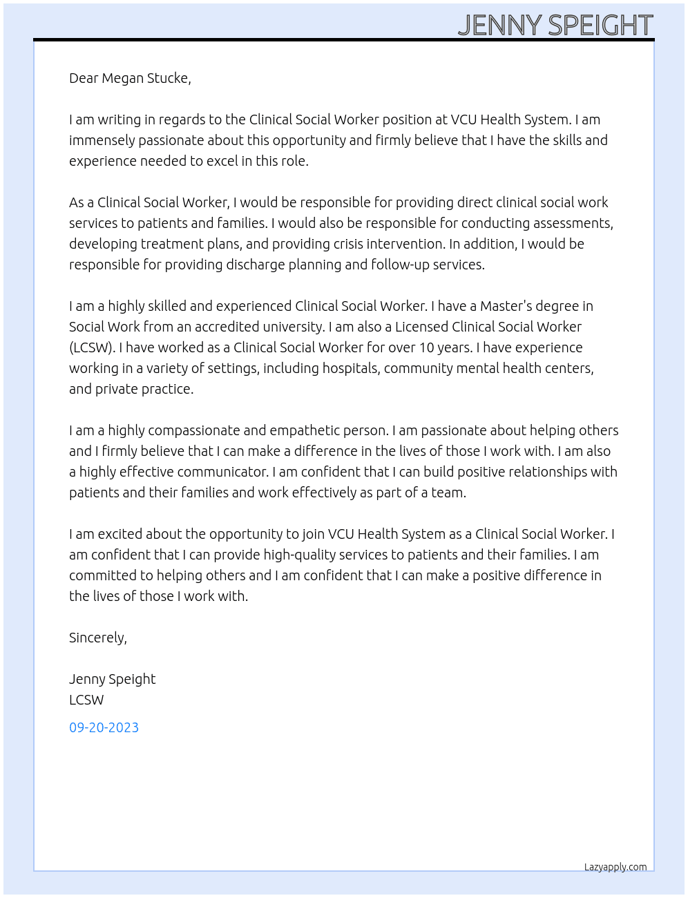 Clinical Social Worker At VCU Health System  Cover Letter