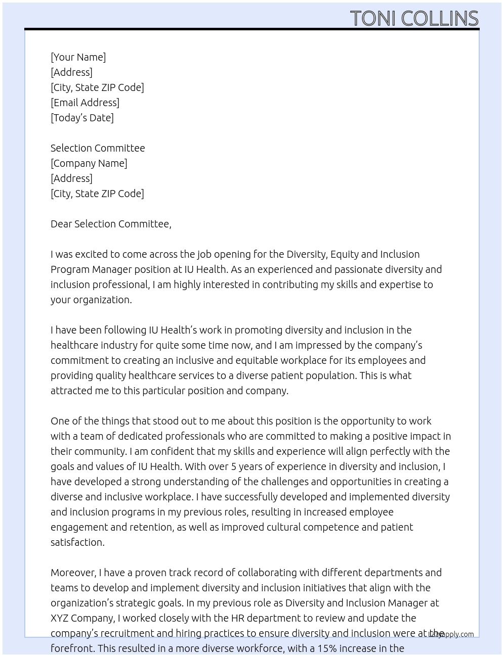 Diversity, Equity and Inclusion program manager At IU Health Cover Letter