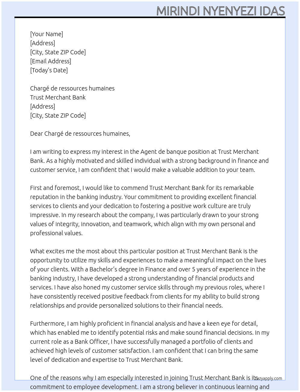 Agent de banque At Trust merchant bank Cover Letter