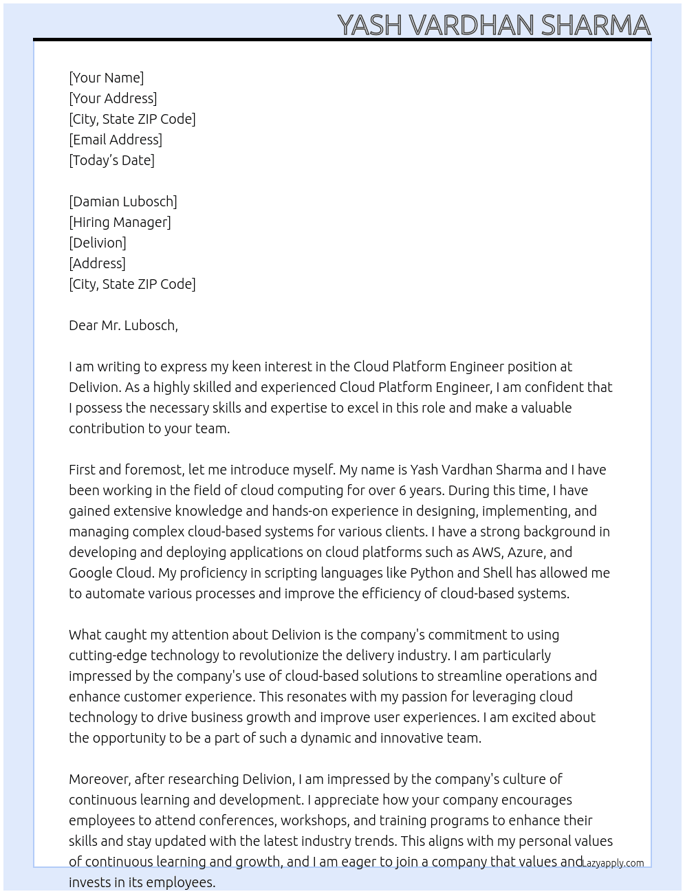 Cloud Platform Engineer At Delivion Cover Letter