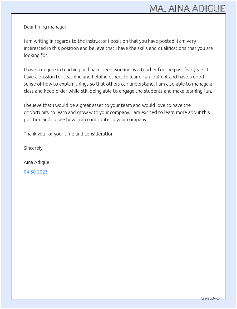 Instructor I At ineterested in attending seminars Cover Letter
