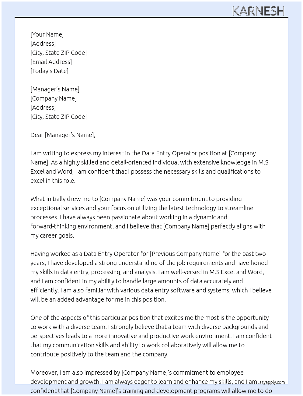 Data entry operator  At Data entry job Cover Letter