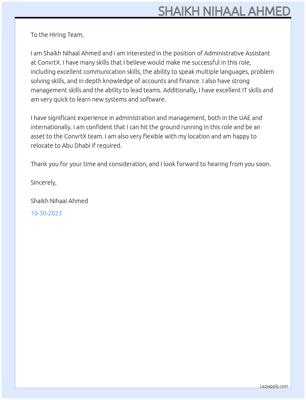 Administrative Assistant At ConvrtX Cover Letter