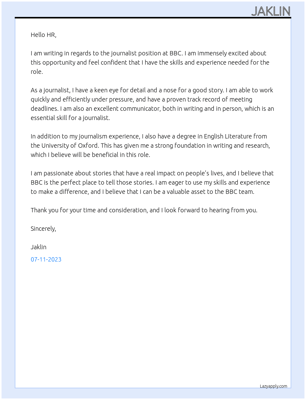journalist At bbc Cover Letter