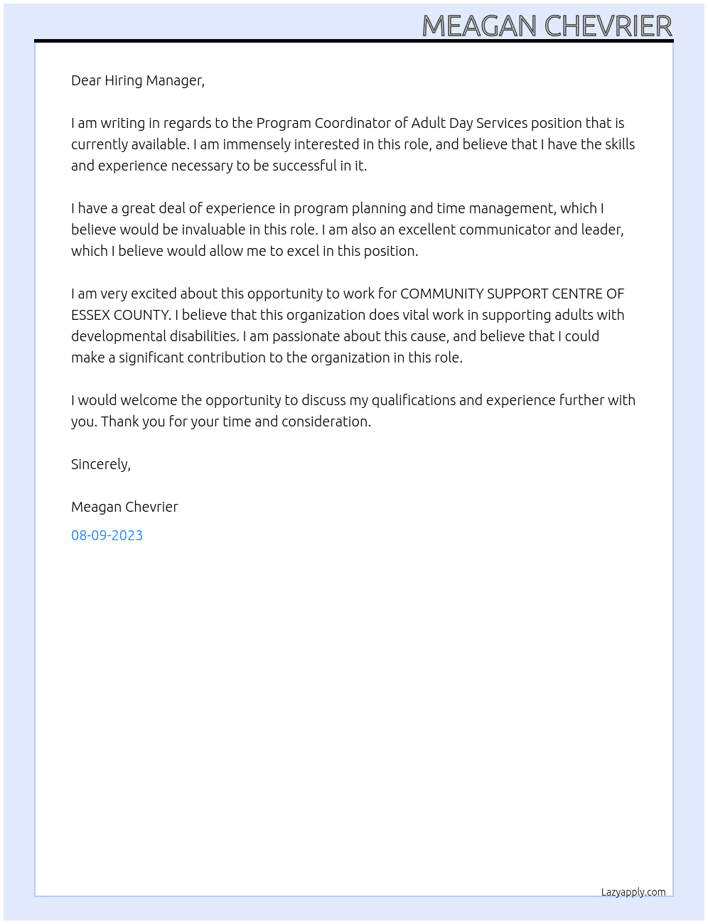Program Coordinator of Adult Day Services At COMMUNITY SUPPORT CENTRE OF ESSEX COUNTY Cover Letter