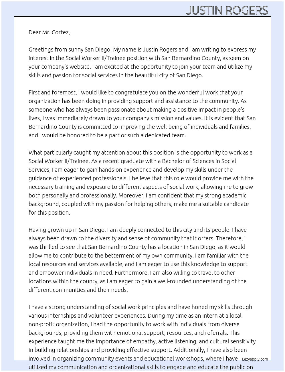 Social Worker II/Trainee - Needles At San Ber[nardino County  Cover Letter