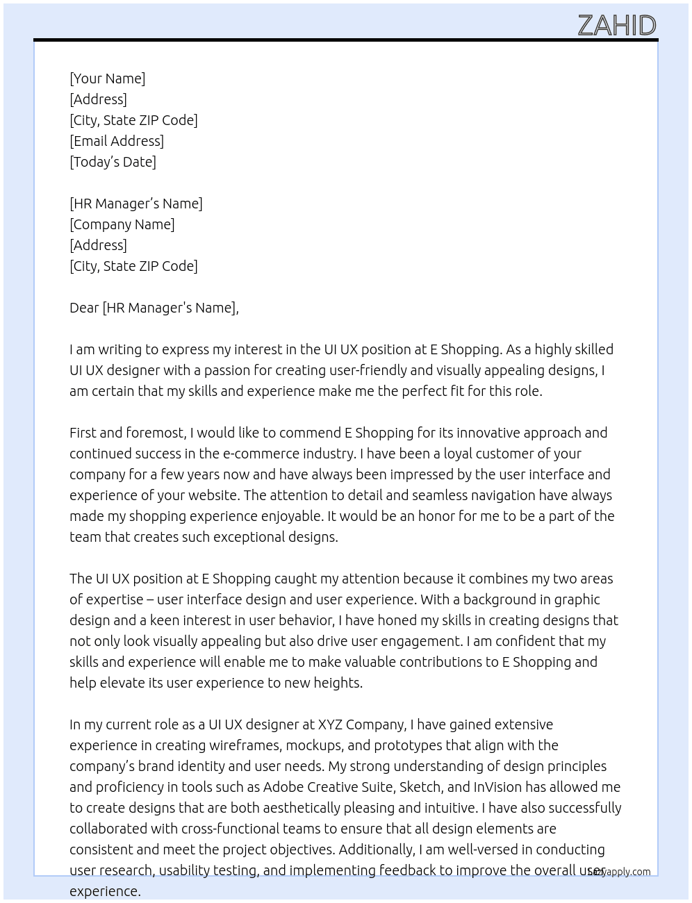 UI UX At E Shopping Cover Letter