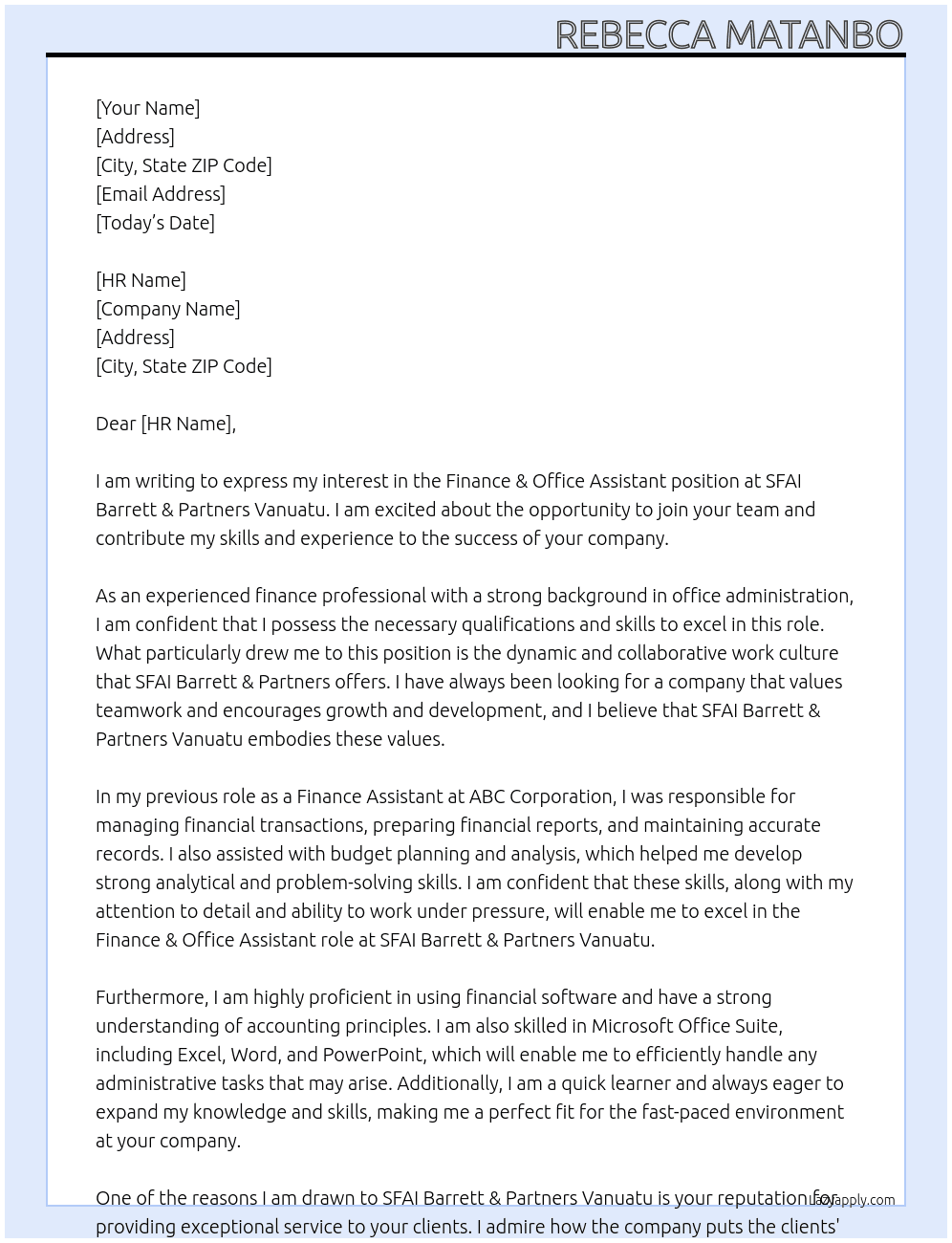 Finance & Office Assistant At SFAI Barrett & Partners Vanuatu Cover Letter