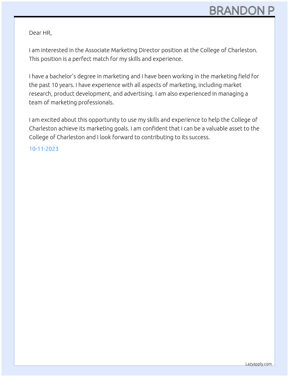 Associate Marketing Director At College of Charleston Cover Letter