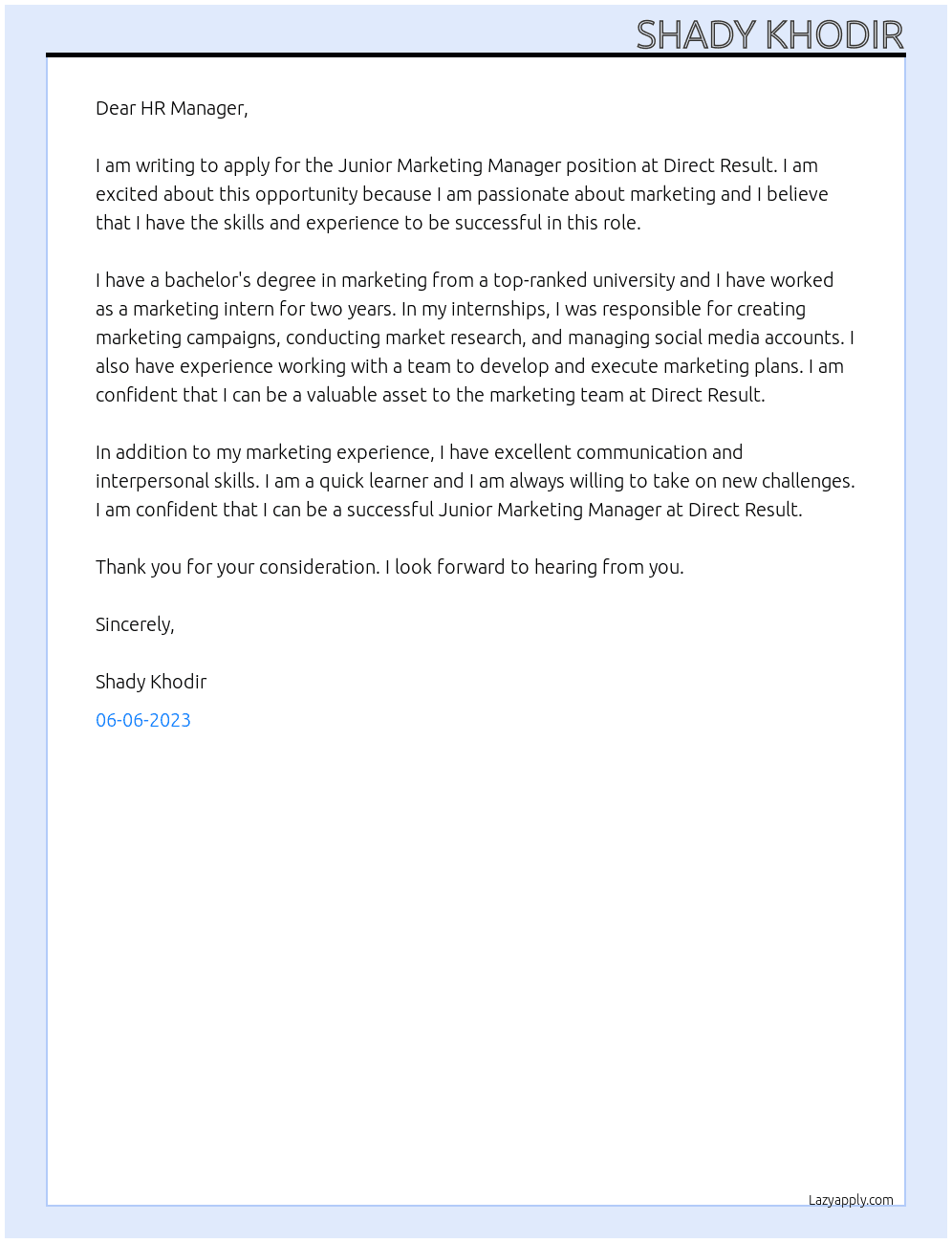 Junior marketing manager At Direct Result Cover Letter