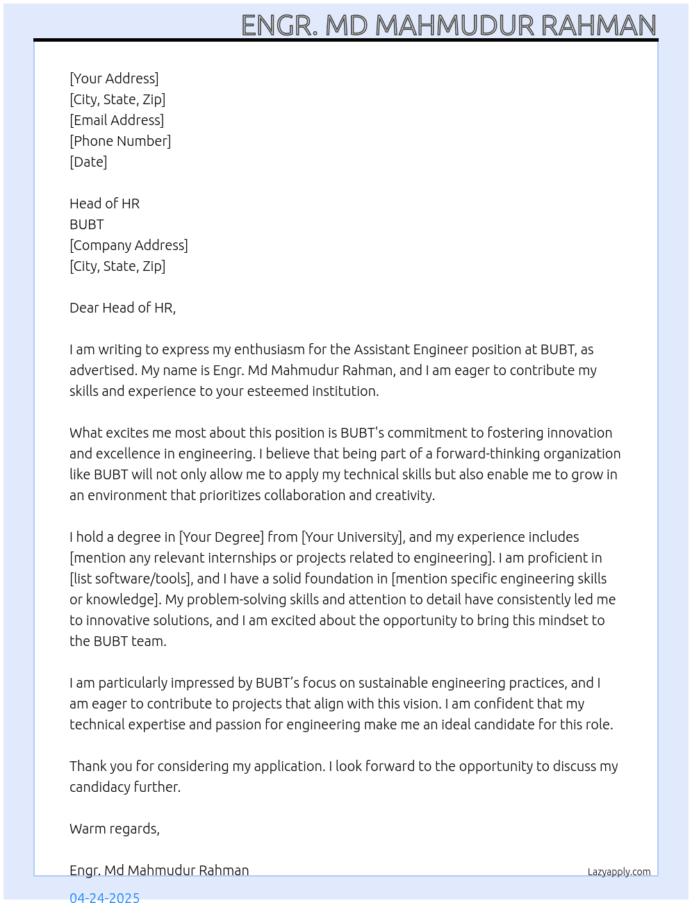 Assistant Engineer At BUBT Cover Letter