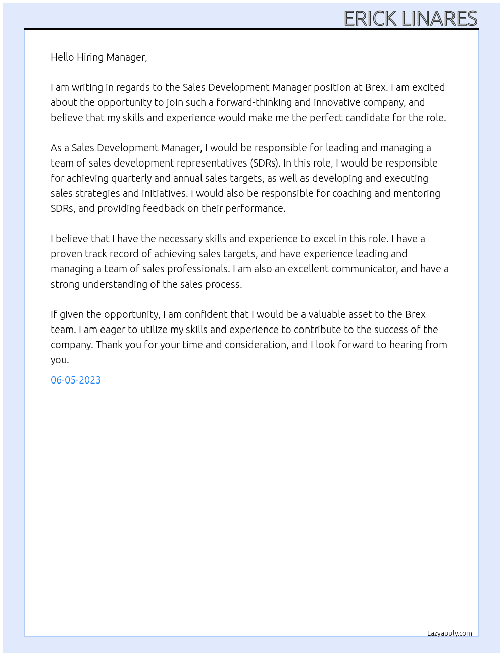 Sales Development Manager At Brex Cover Letter
