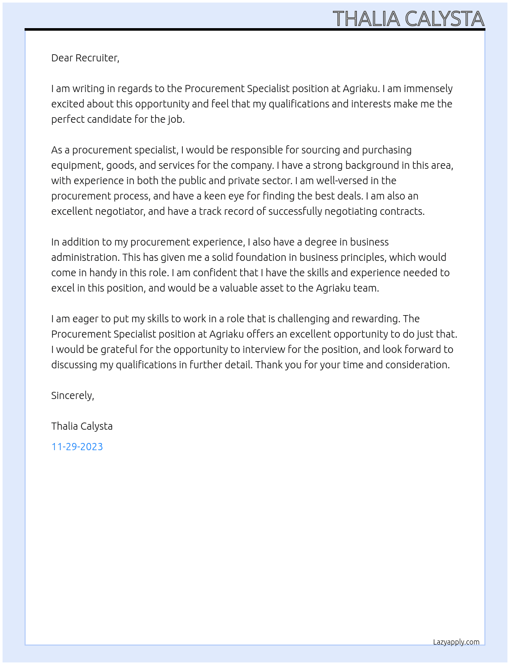 Procurment Specialist At Agriaku Cover Letter