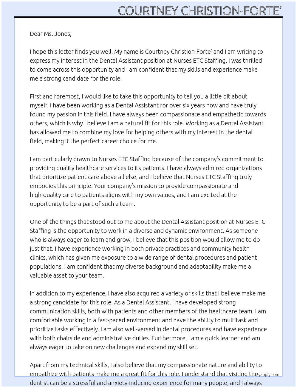 Dental Assistant  At Nurses ETC Staffing  Cover Letter