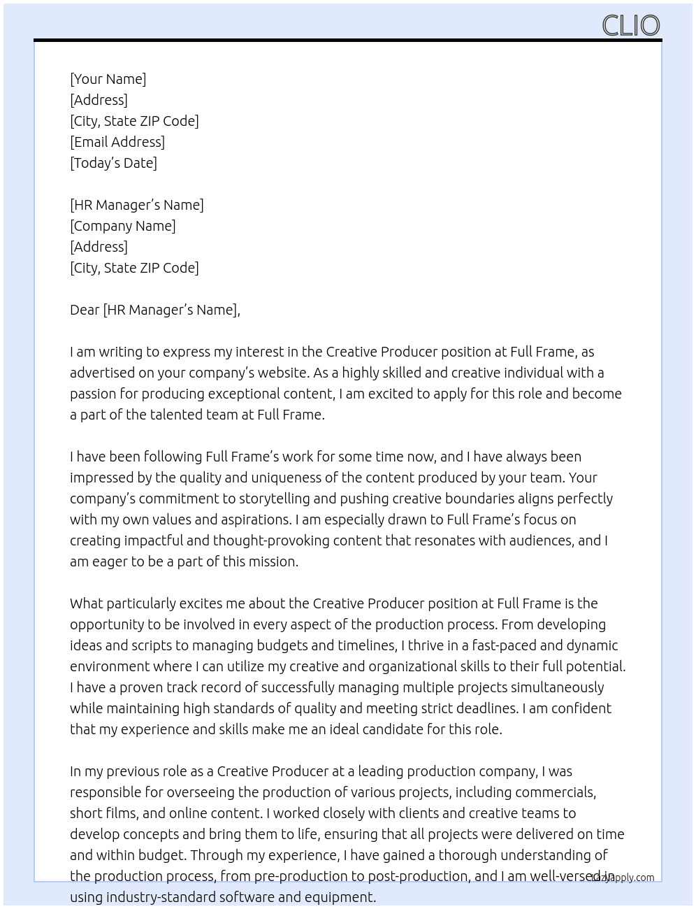 Creative Producer At Full frame Cover Letter