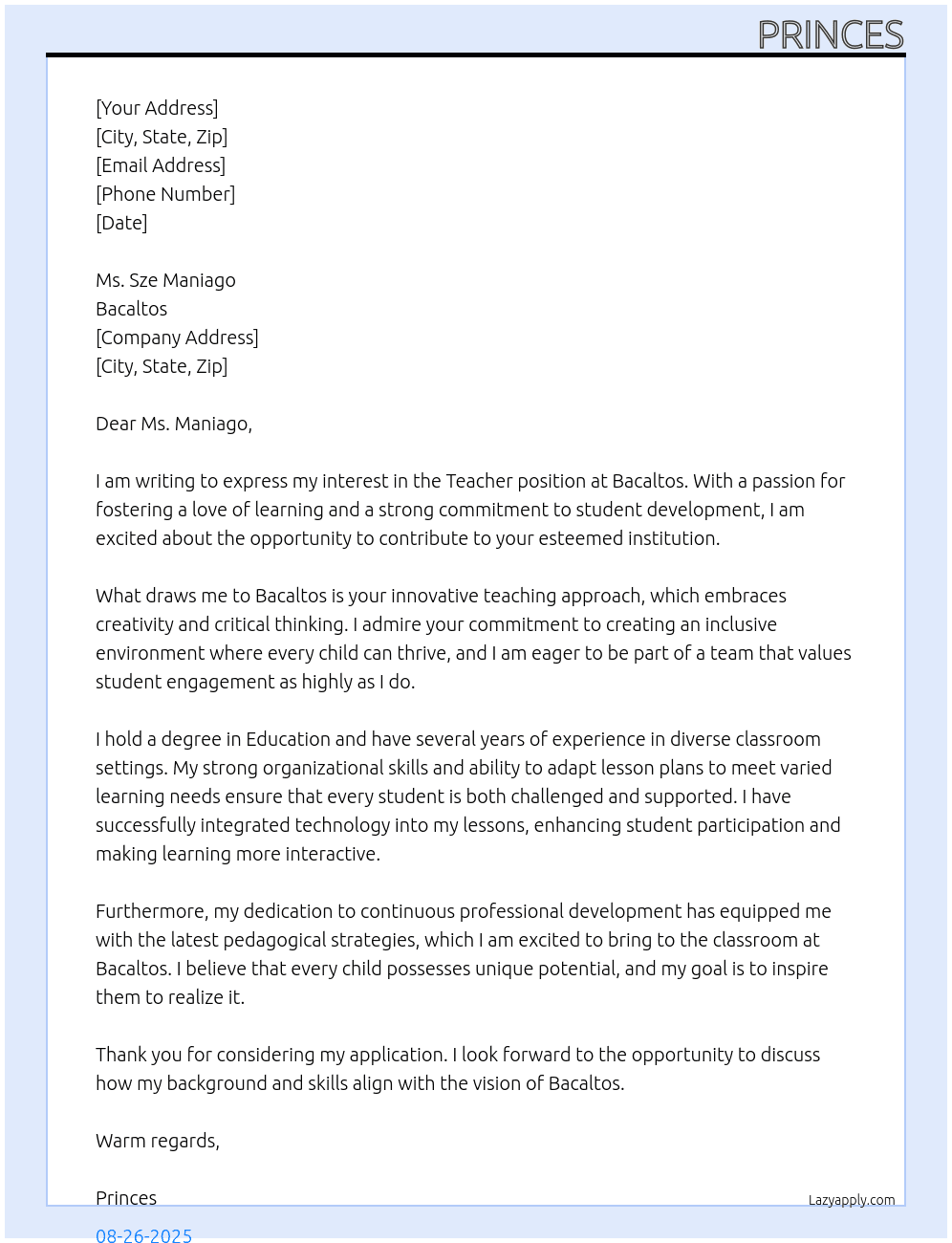 Teacher At Bacaltos Cover Letter
