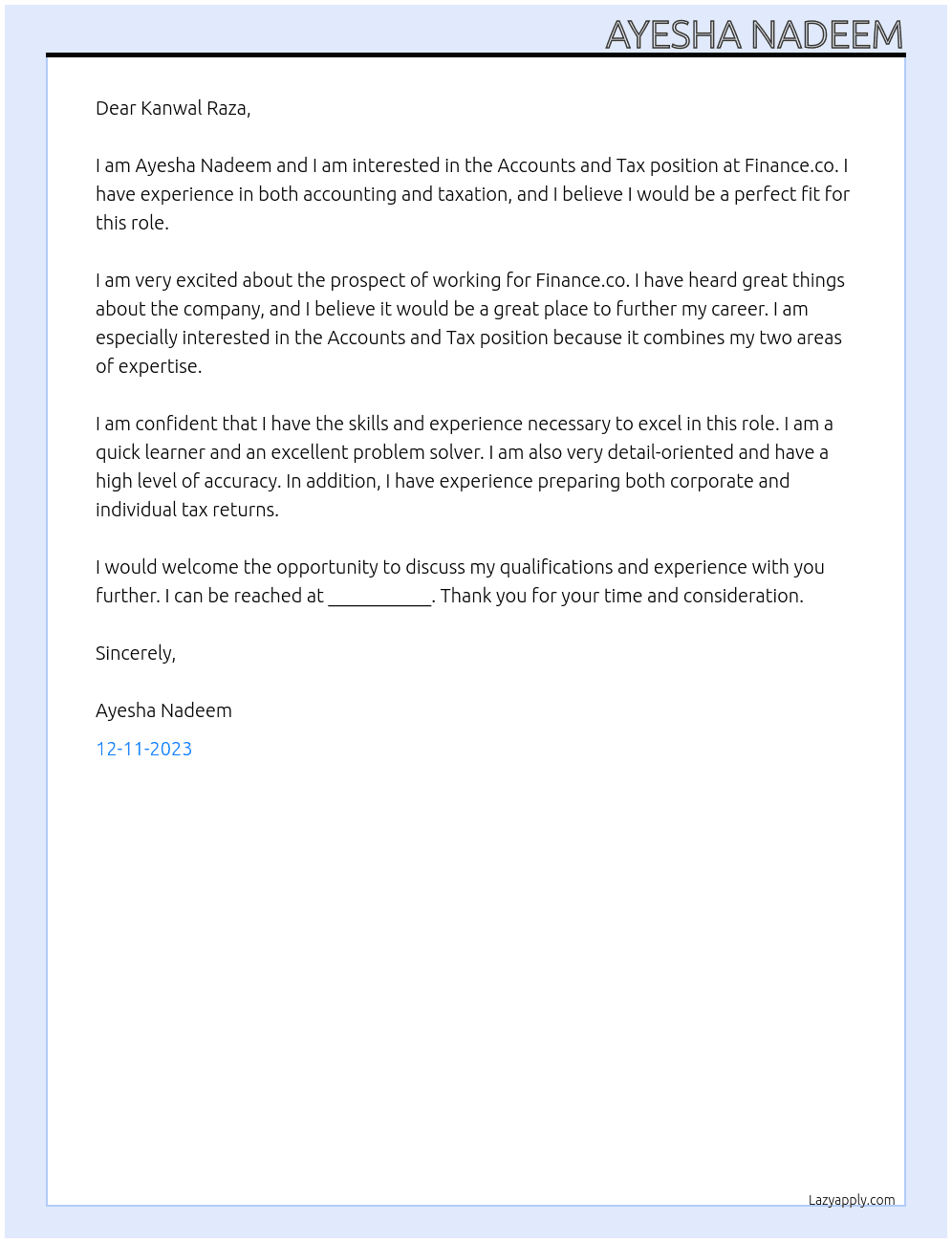 Accounts and Tax At Finance.co Cover Letter