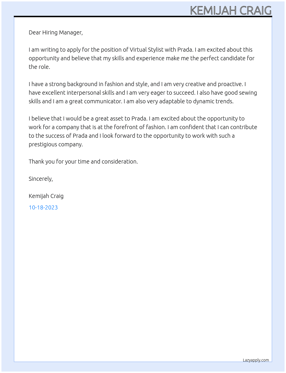 Virtual Stylist At Prada Cover Letter