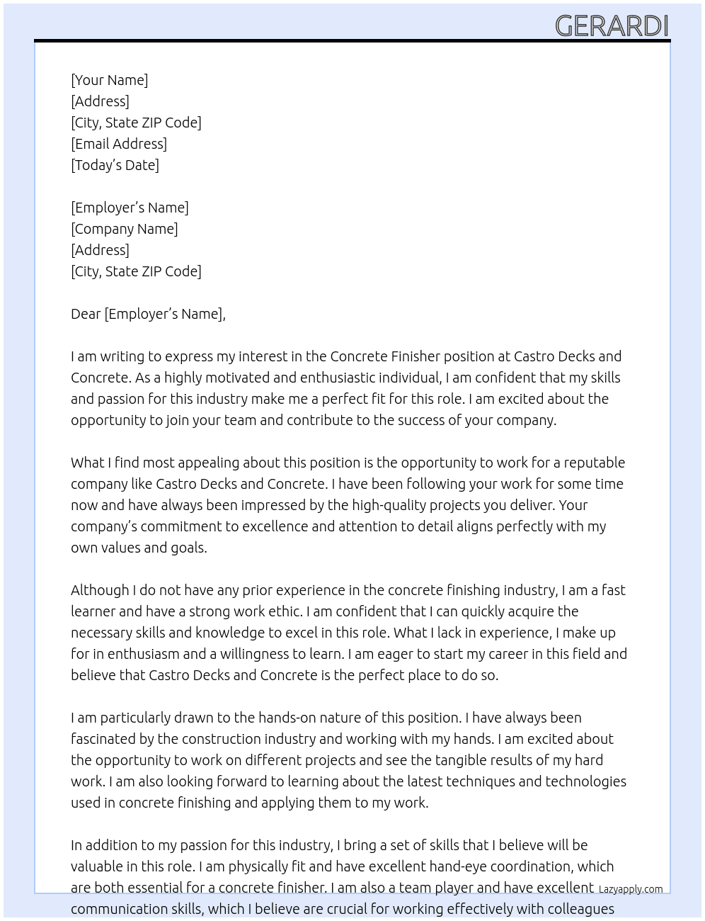Concrete Finisher At Castro Decks and Concrete Cover Letter