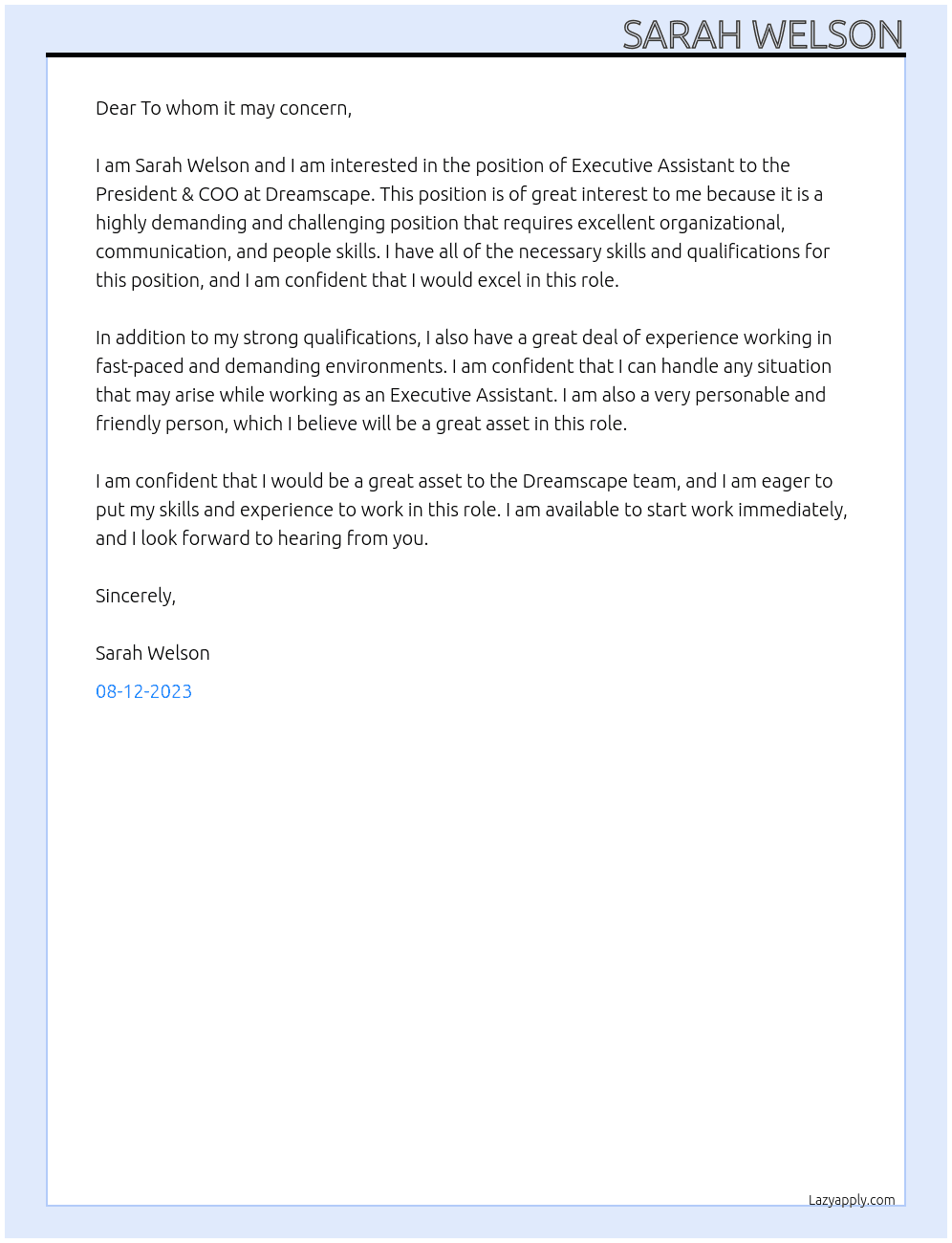 Executive Assistant to the President & COO At Dreamscape Cover Letter