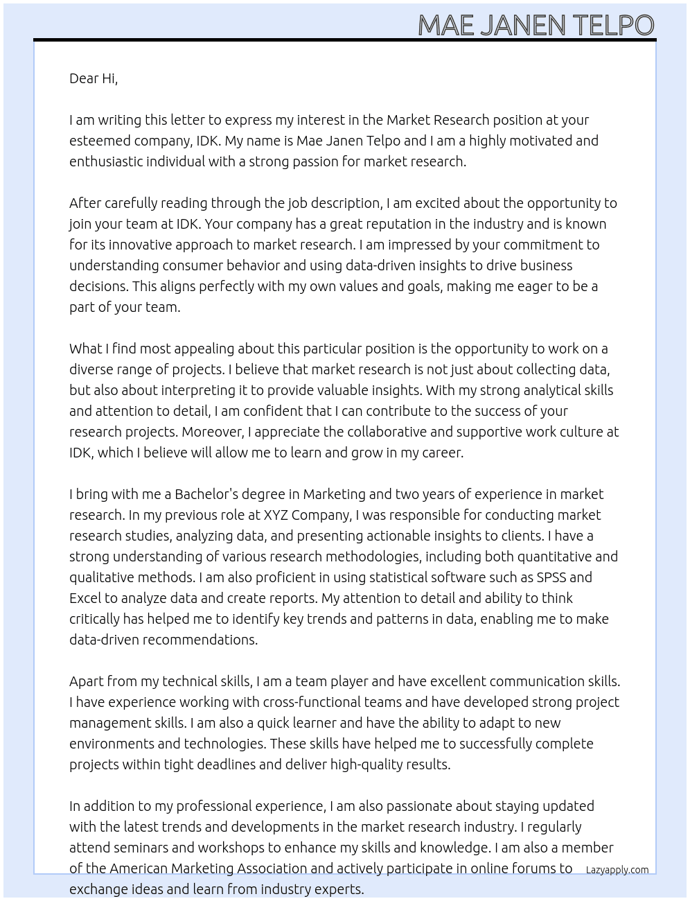 market research At idk Cover Letter