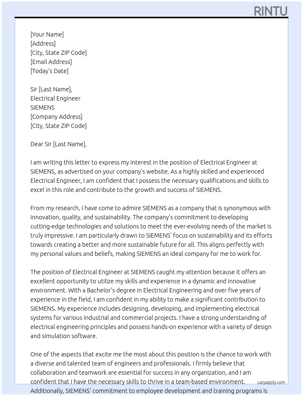 Electrical Engineer At SIEMENS Cover Letter