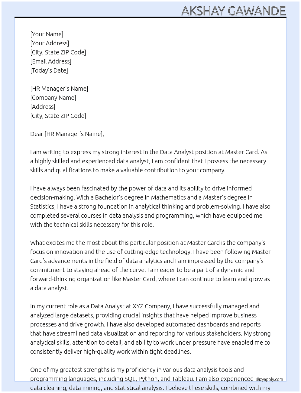 Data Analyst  At Master Card  Cover Letter
