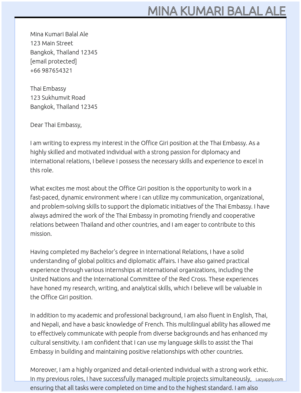 office giri At Thai Embassy Cover Letter